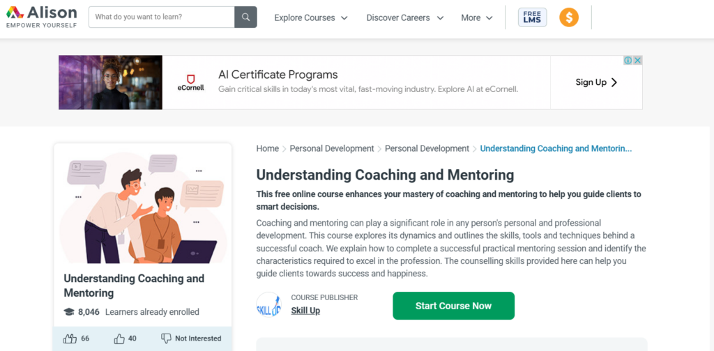 Understanding Coaching and Mentoring course web page screenshot