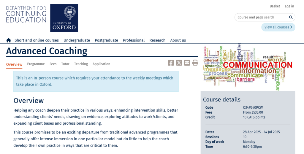 Screenshot of the Advanced Coaching course overview page