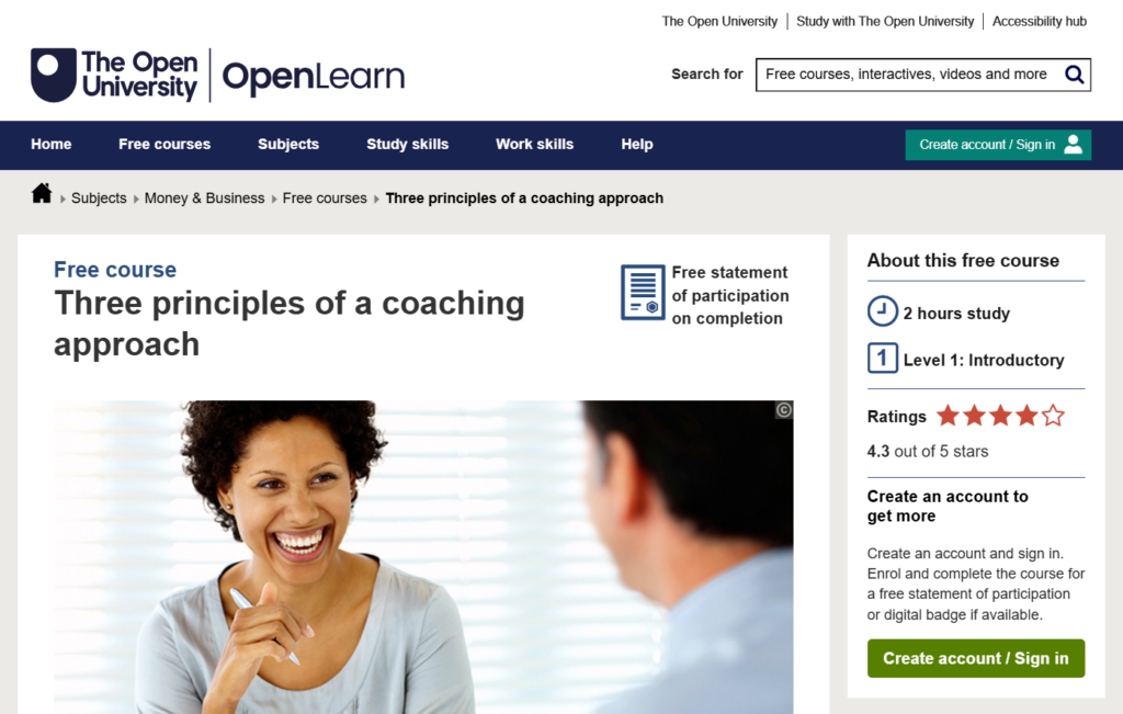 The Three Principles of a Coaching Approach course page screenshot