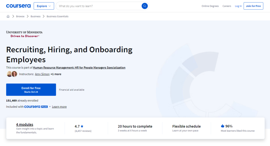 Recruiting, Hiring, and Onboarding Employees course landing page screenshot