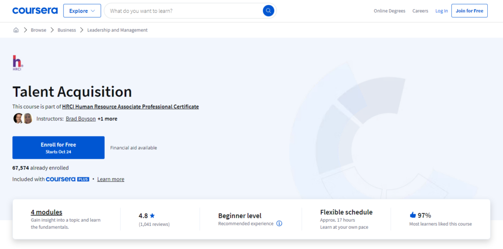 Screenshot of the Talent Acquisition course website page