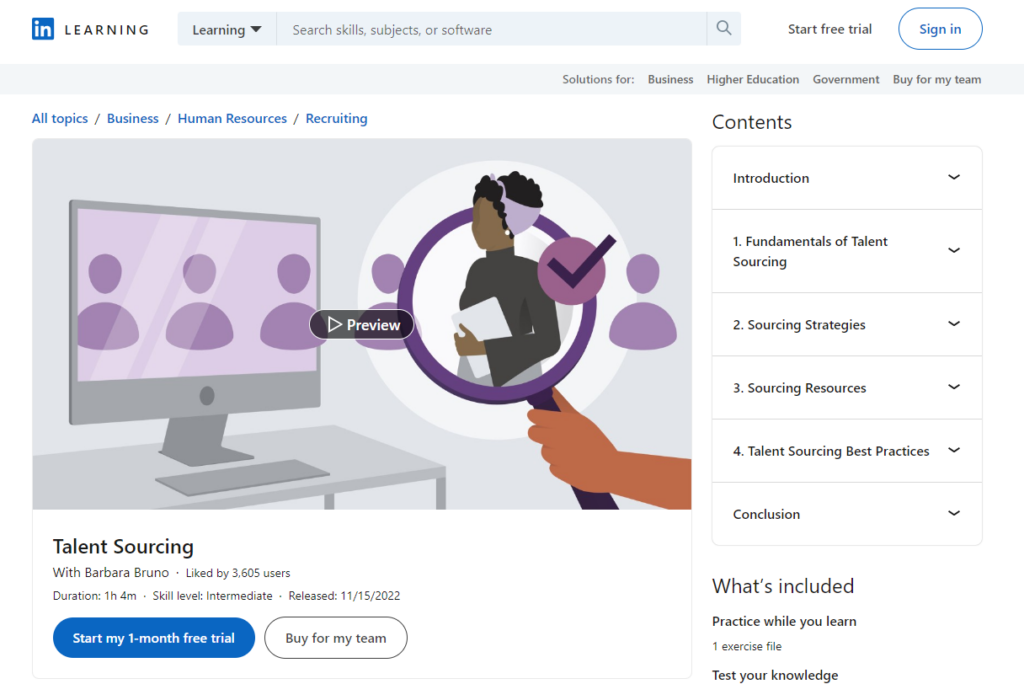 Talent Sourcing course page screenshot