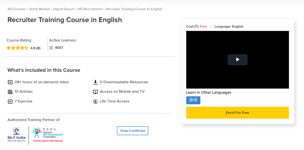Recruiter Training Course in English course website page screenshot
