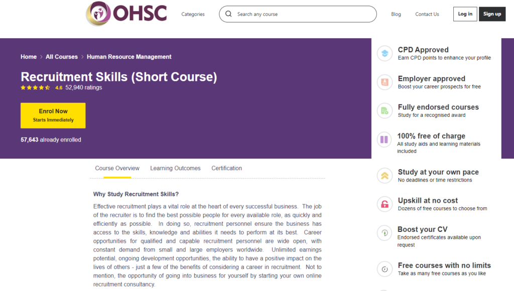 Screenshot of the Recruitment Skills course landing page