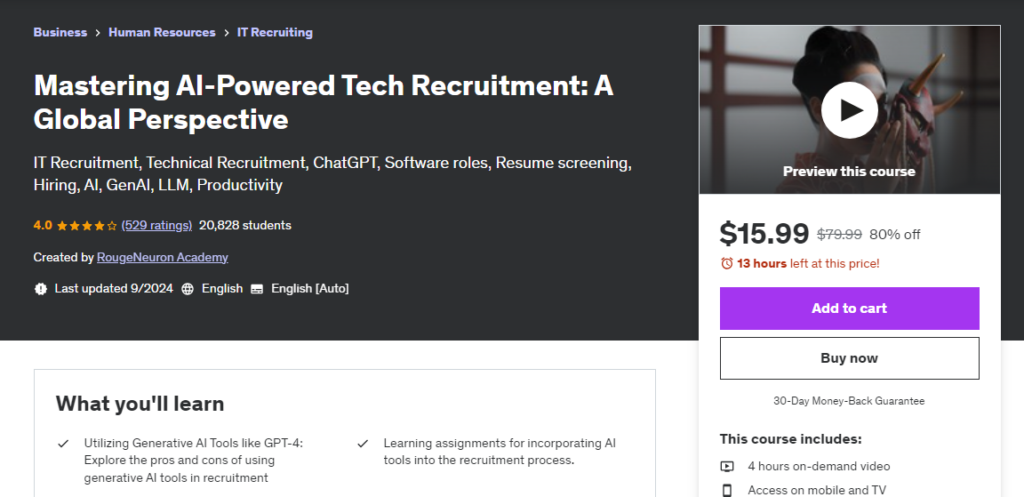 Screenshot of the Tech Recruitment with ChatGPT / AI course page