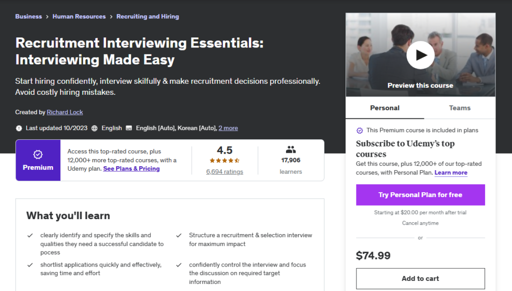 Recruitment Interviewing Essentials: Interviewing Made Easy course page screenshot