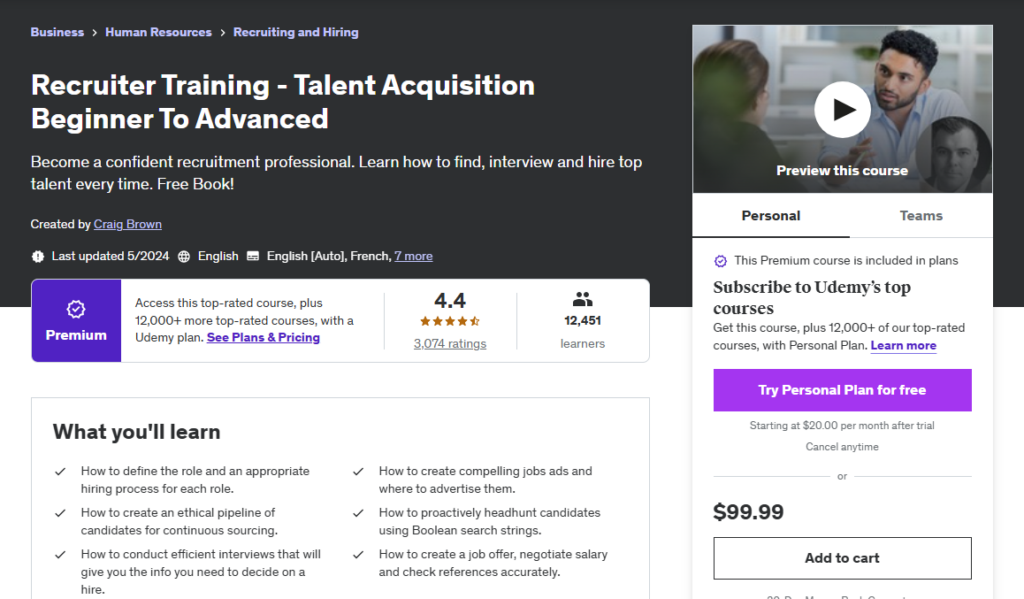 Recruiter Training - Talent Acquisition Beginner To Advanced web page screenshot
