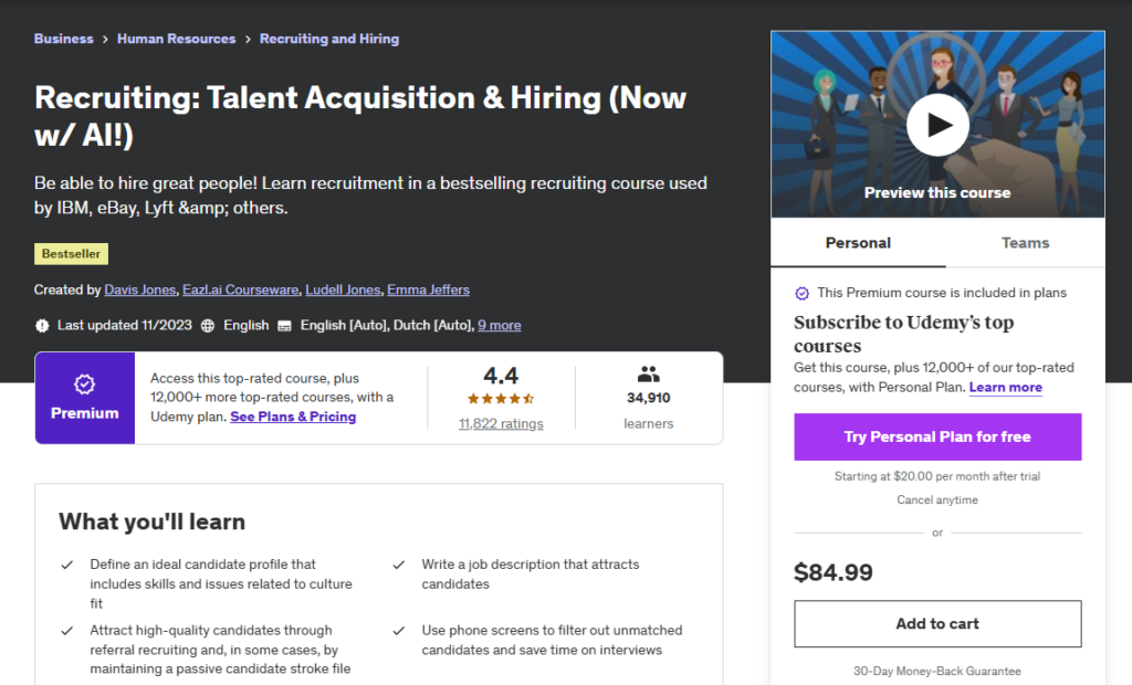 Recruiting: Talent Acquisition & Hiring (Now w/ AI!) course page screenshot