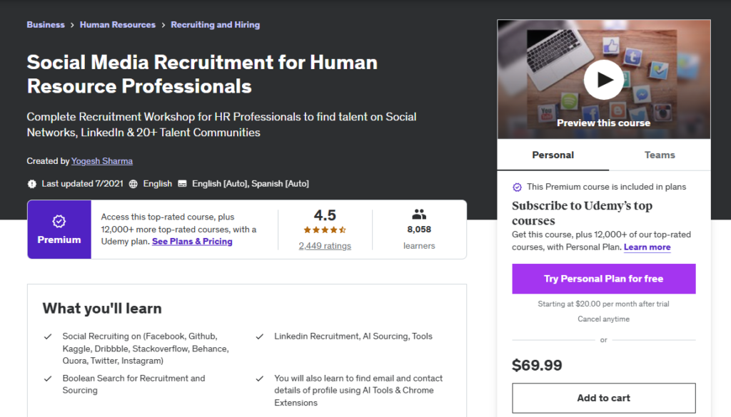 Social Media Recruitment for Human Resource Professionals course page screenshot