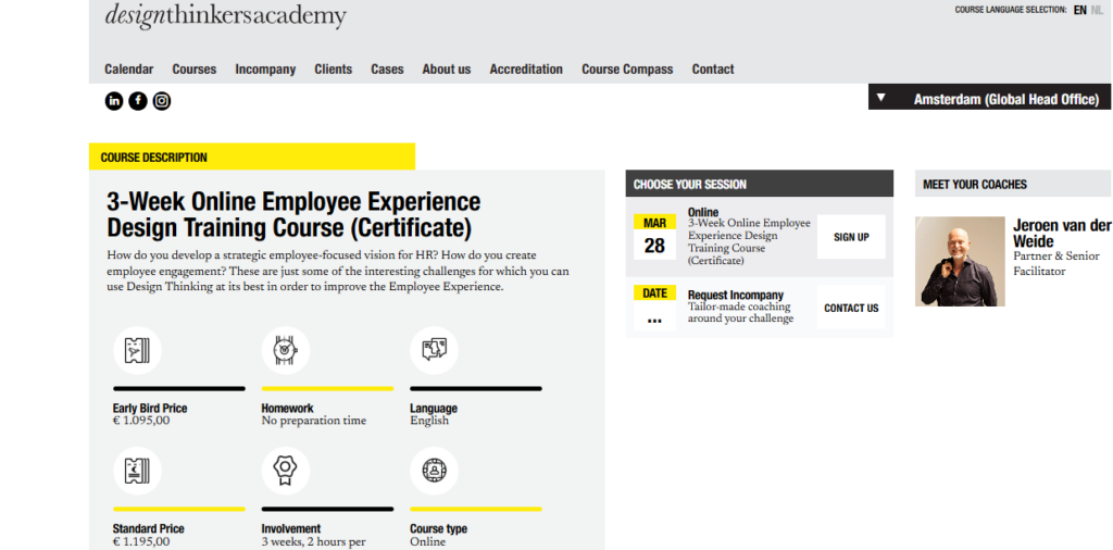 Screenshot of the landing page for the 3-Week Online Employee Experience Design Training Course