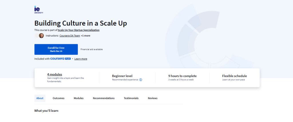 Building culture in a scale up course landing page