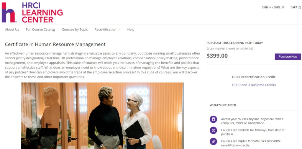 Certificate in Human Resource Management course landing page screenshot