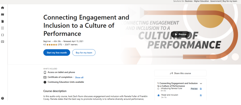 Connecting engagement and inclusion to a culture of performance course landing page