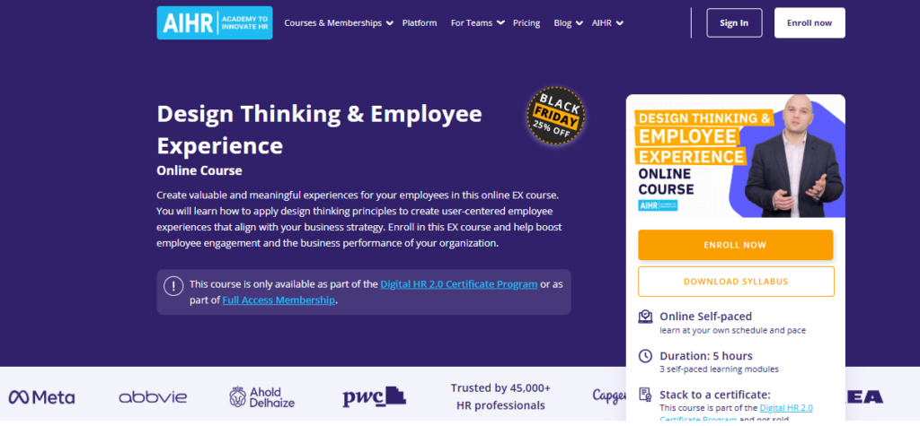 Design Thinking & Employee Experience course landing page