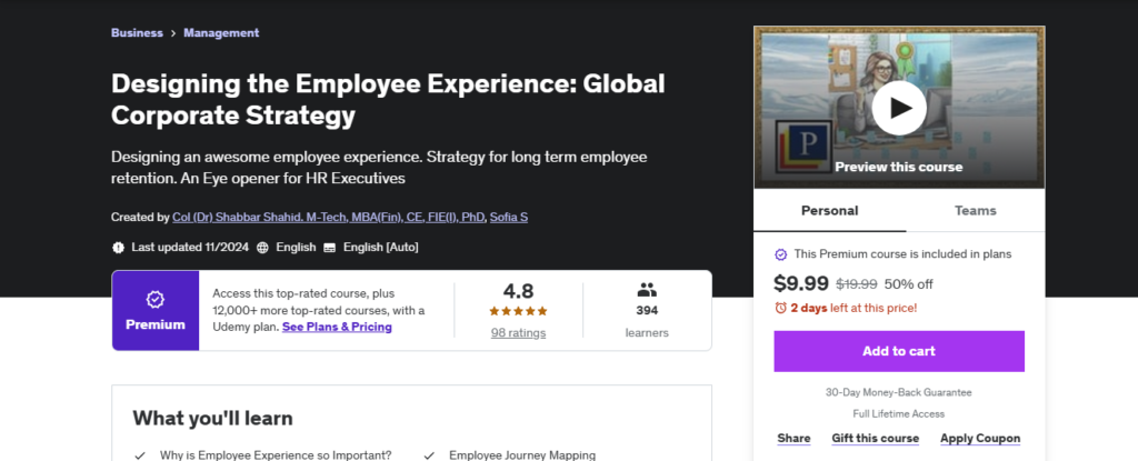 A screenshot of the landing page for the Designing the Employee Experience: Global Corporate Strategy
