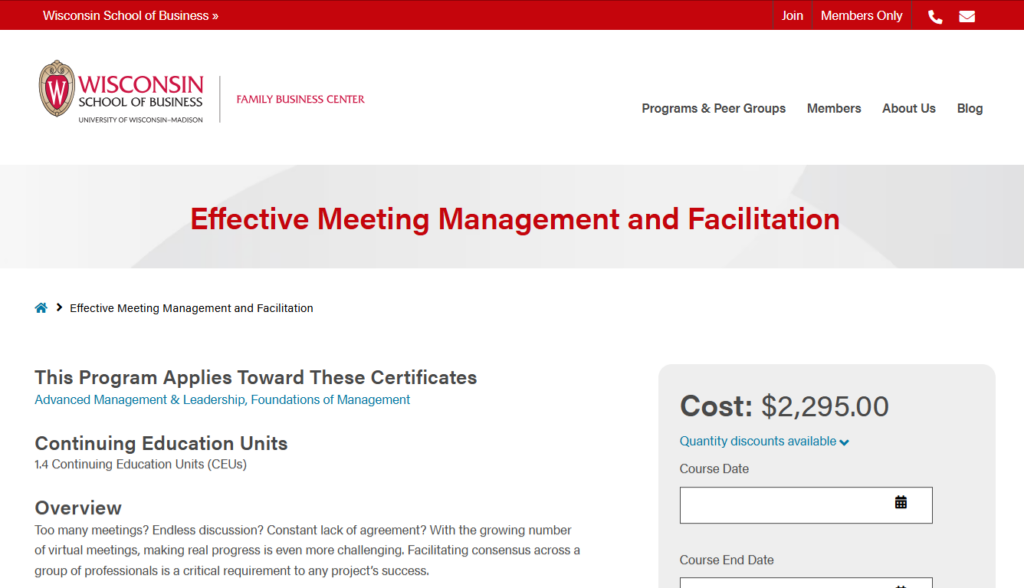 Effective Meeting Management and Facilitation landing course page