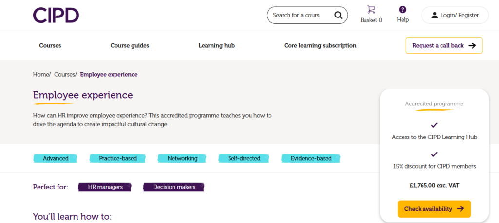 A screenshot of the landing page for the Employee Experience course by CIPD
