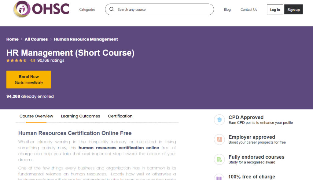 HR Management course webpage screenshot