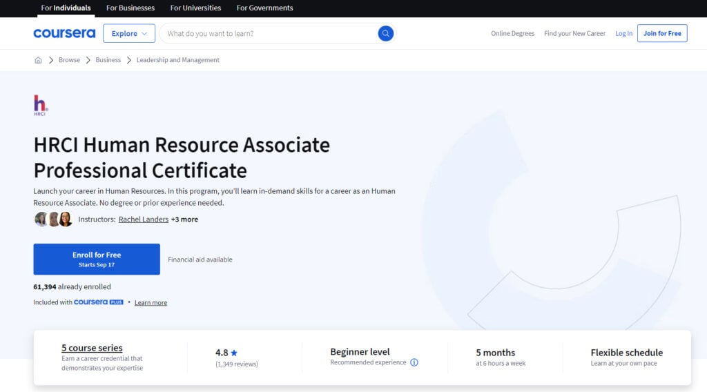 HRCI Human Resource Associate Professional Certificate course page screenshot