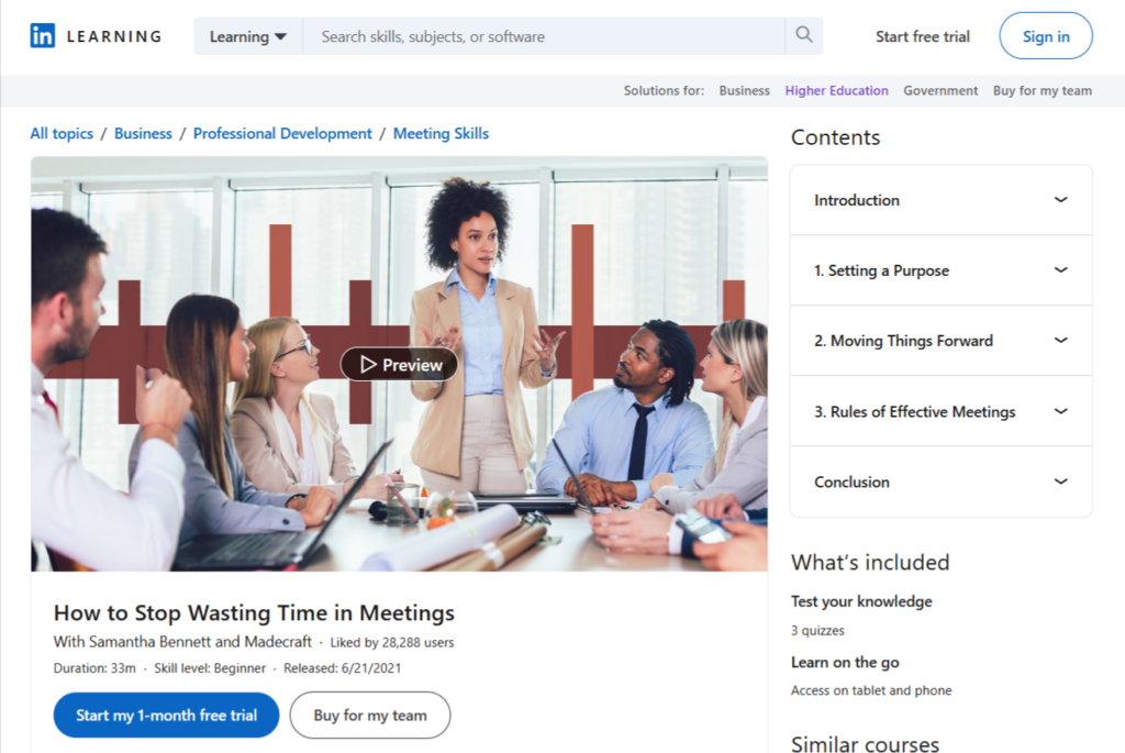 How to Stop Wasting Time in Meetings course page