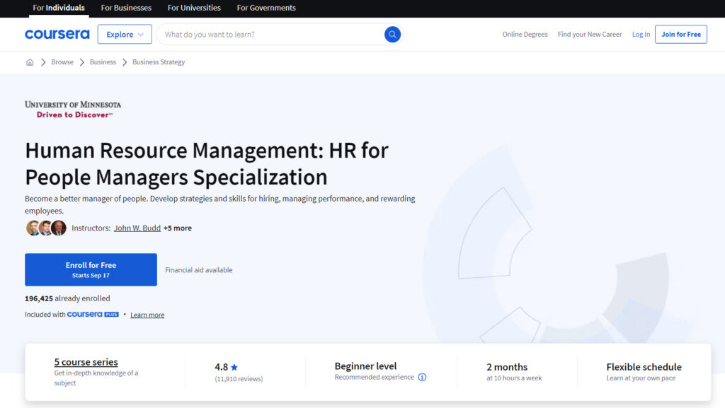 Human Resource Management: HR for People Managers Specialization course page screenshot