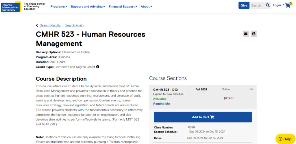 Website course page screenshot of Human Resources Management