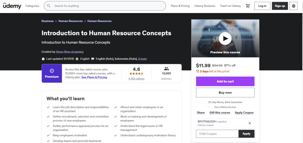Website course page screenshot of Introduction to Human Resource Concepts
