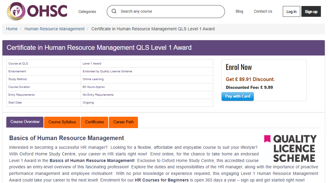 Screenshot of the Certificate in Human Resource Management QLS Level 1 Award website page