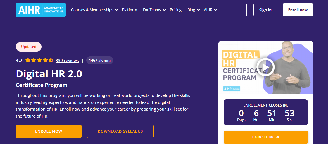 Digital HR 2.0 Certificate Program, an HR certifications for beginners website landing page