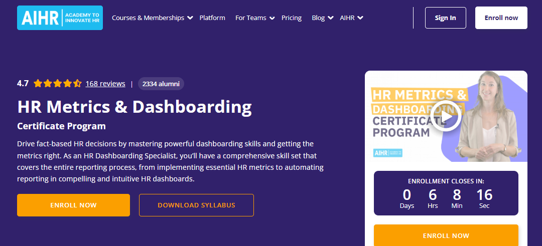 HR Metrics & Dashboarding Certificate Program, an HR certifications for beginners landing page