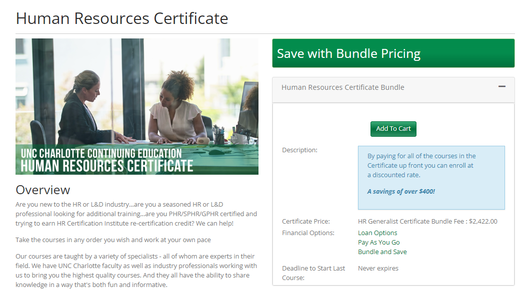 Human Resources Certificate for beginners overview page