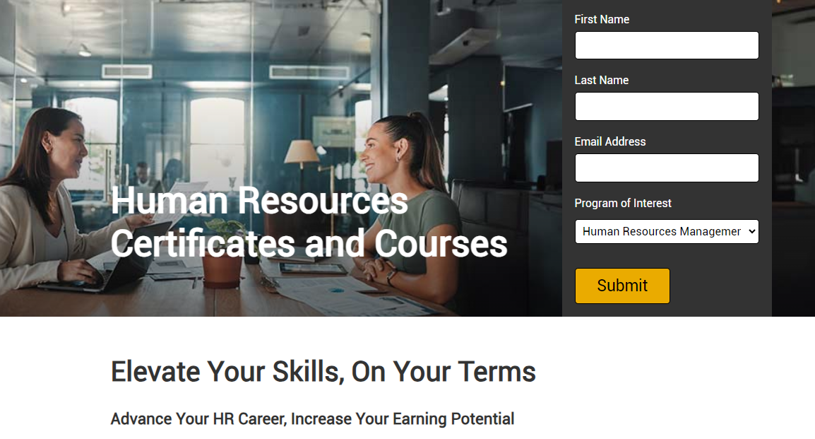 Human Resources Management Certificate, an HR certifications for beginners website landing page