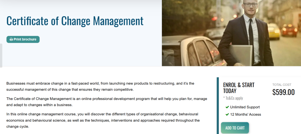 Screenshot of The Certificate of Change Management's landing page by Australian Online Course