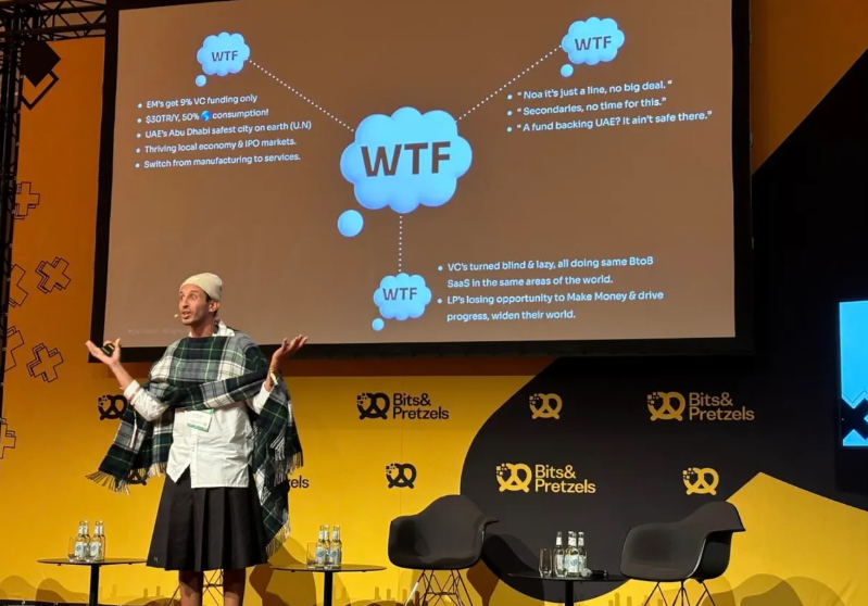 A speaker presenting at the Bits & Pretzels Founders Festival