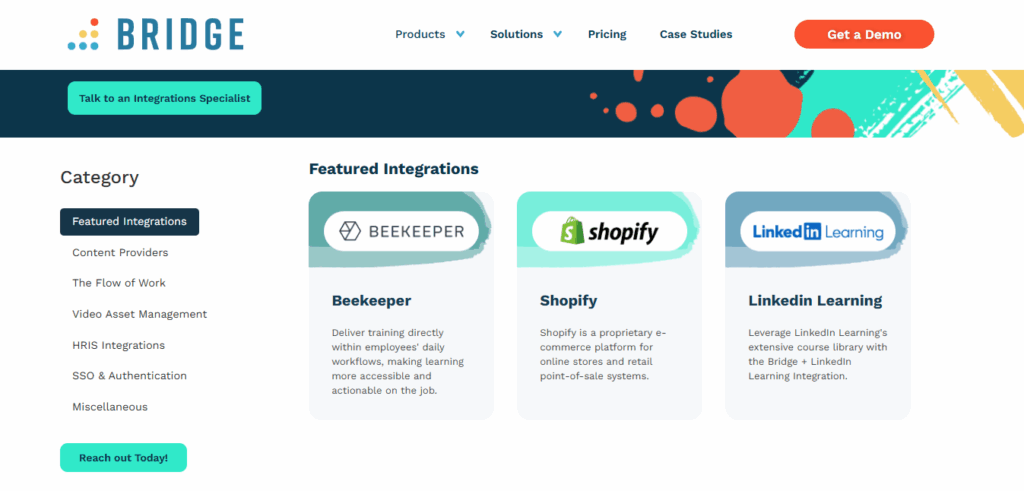 Bridge integration dashboard screenshot.