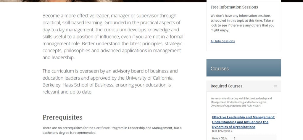Website screenshot of Certificate Program in Leadership and Management