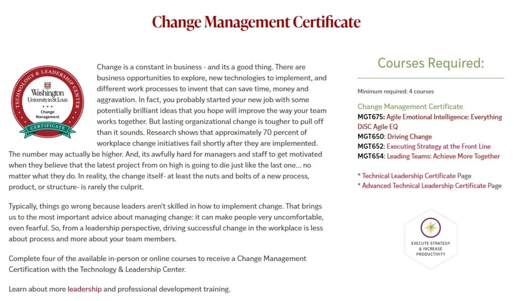 The Change Management Certification by WashU Technology & Leadership Center's screenshot of landing page