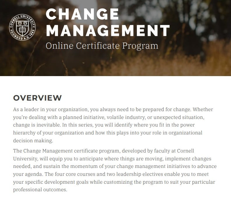 Screenshot of The Change Management Certificate by Cornell University's landing page