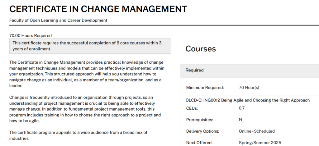 Screenshot of The Certificate in Change Management's landing page at Dalhousie University