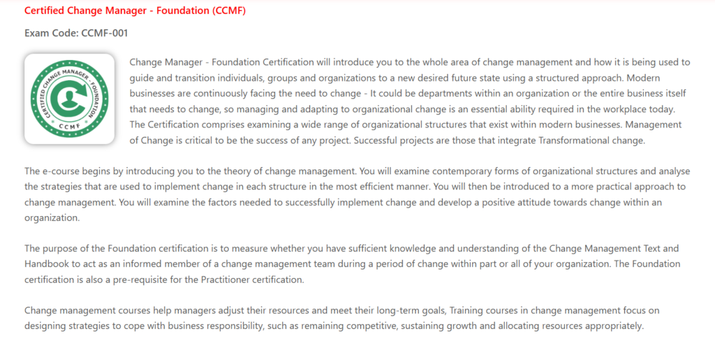 Screenshot of Global Association of Quality Management's landing page for The Certified Change Manager-Foundation Certification