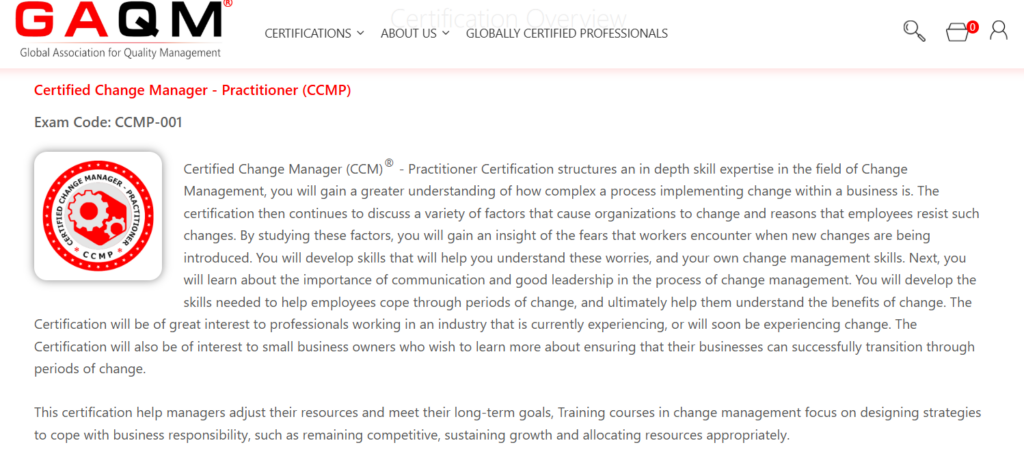 GAQM's The Certified Change Manager-Practitioner (CCMP) Certification's screenshot of landing page