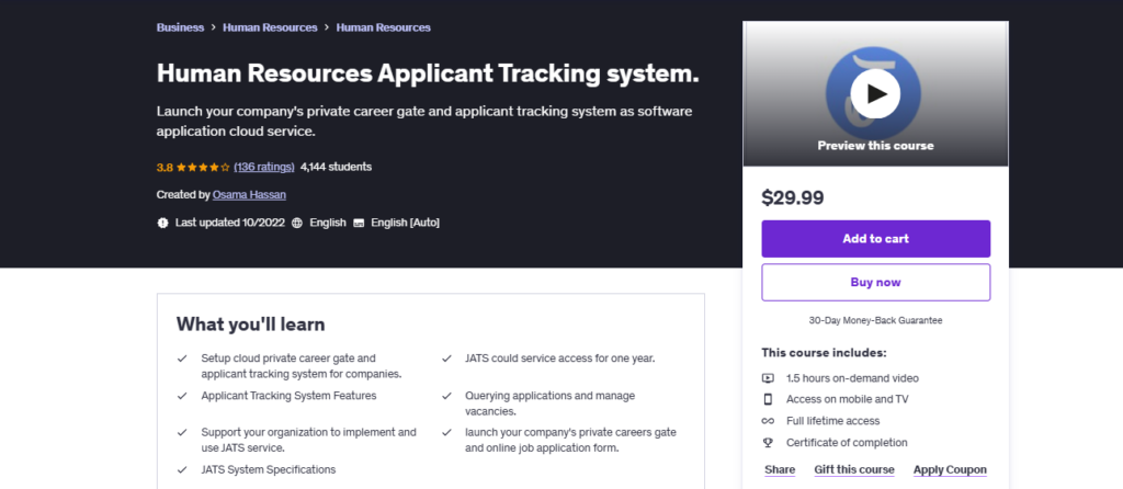 A screenshot of the Human Resources Applicant Tracking System course landing page