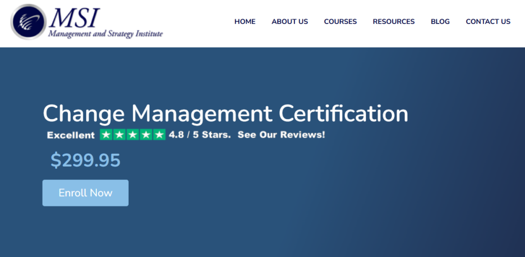 The Change Management Specialist Certification by MSI screenshot of landing page