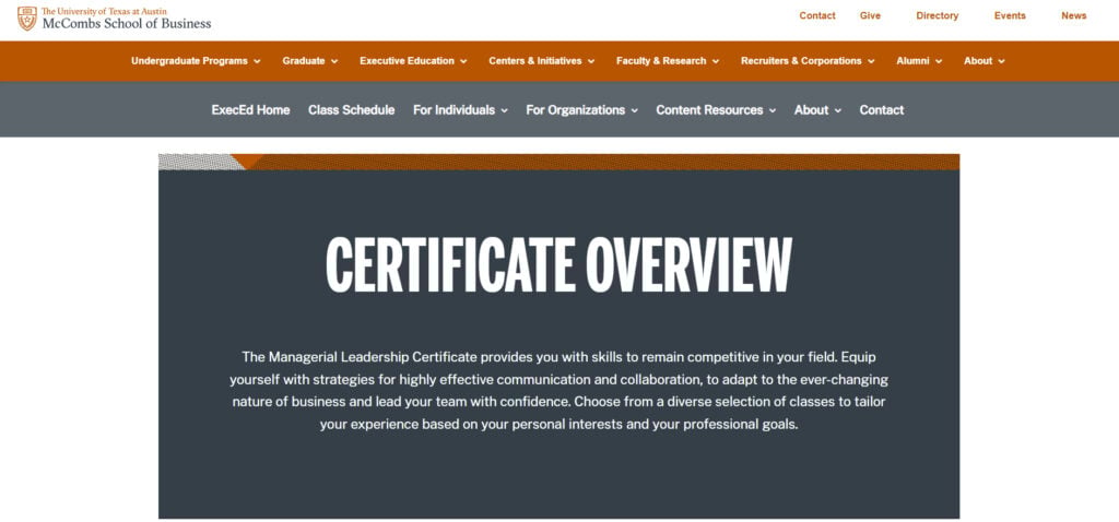 Managerial Leadership Certificate landing page screenshot