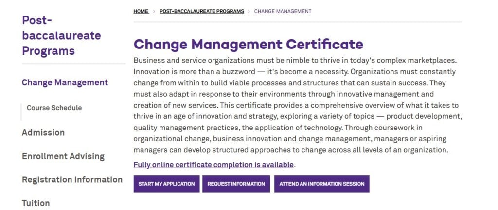 The Change Management Certification by Northwestern University School of Professional Studies' screenshot of landing page
