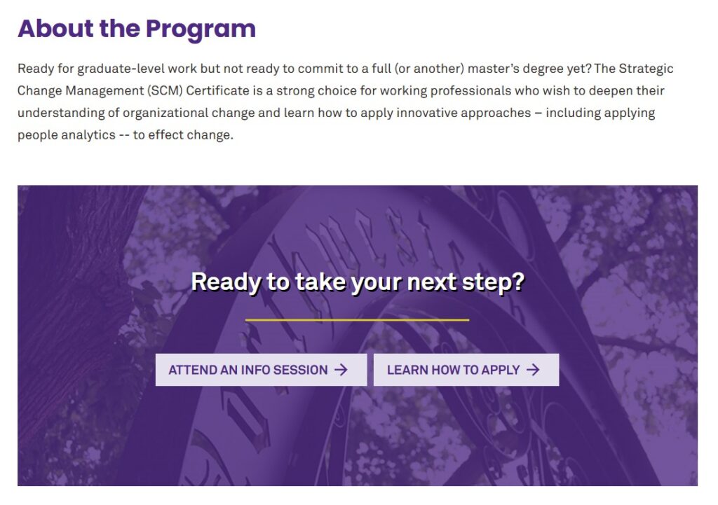 Screenshot of The Strategic Change Management Certification at Northwestern University School of Education and Social policy's landing page