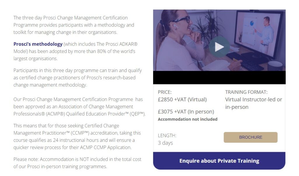 Prosci's screenshot of the landing page for The Change Management Certification Program