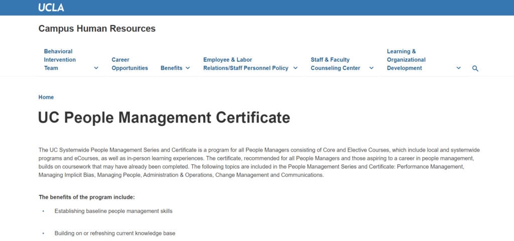 UC People Management Certificate page screenshot