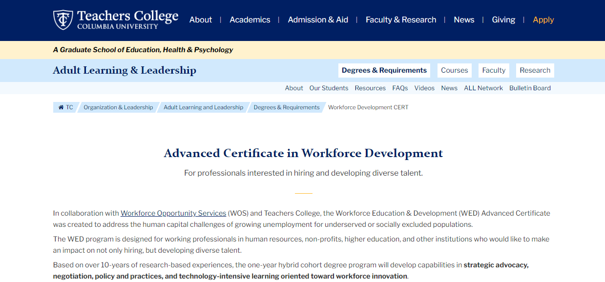 Advanced Certificate in Workforce Development landing page