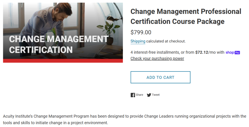 Acuity Institute's screenshot of The Change Management Professional Certification's landing page